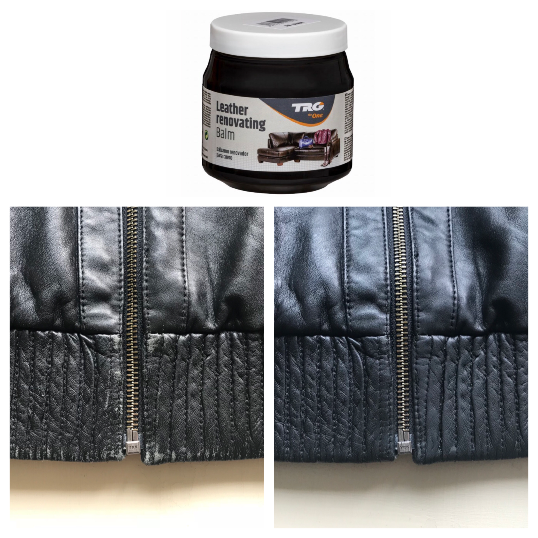 Oprava odřené kožené bundy Krém na kožené bundy černý renovace ošoupané černé kožené bundy Leather Renovating Balm 118 Black